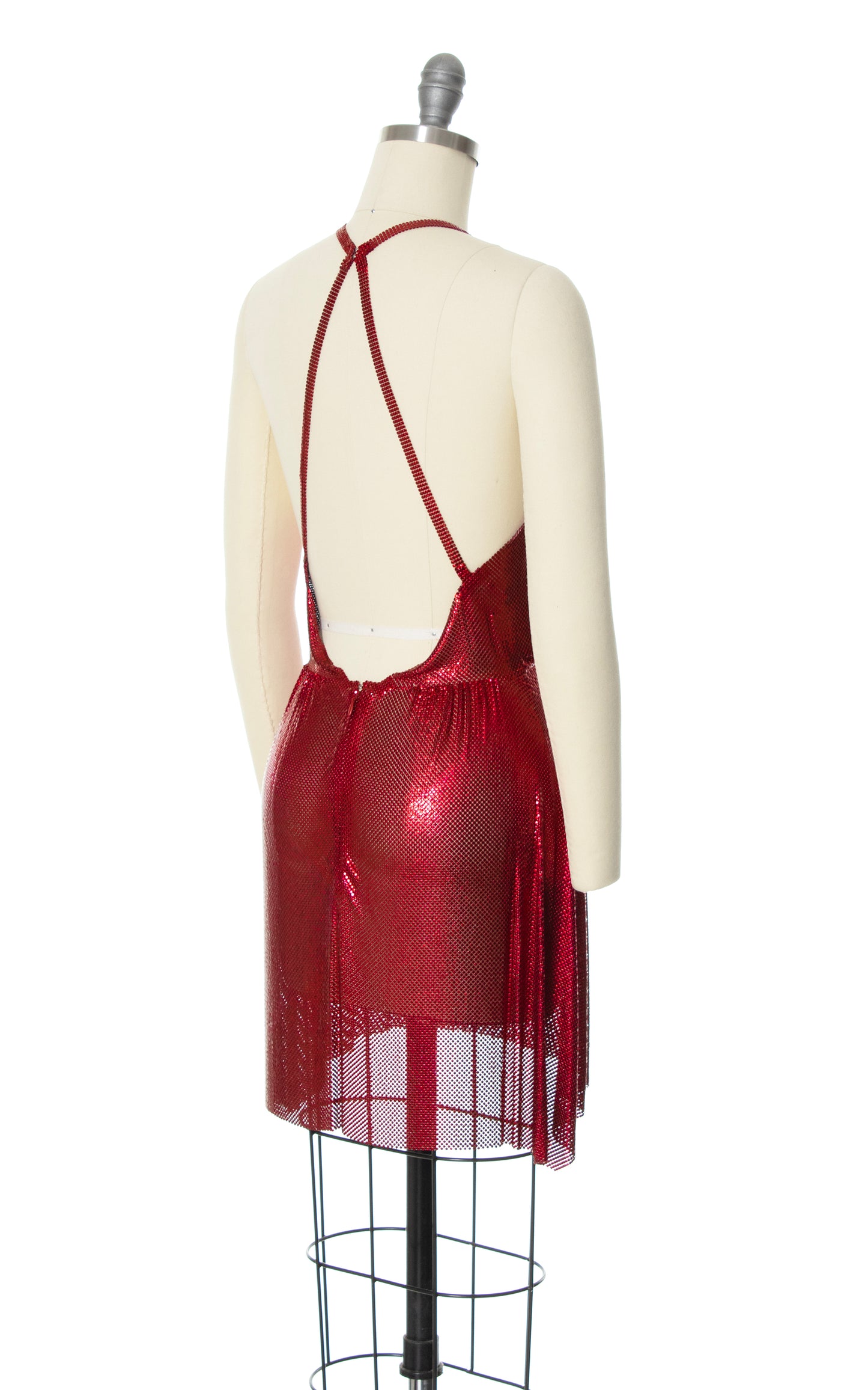 FANNIE SCHIAVONI Red Metal Mesh Mini Dress 1970s 70s Style Designer Couture