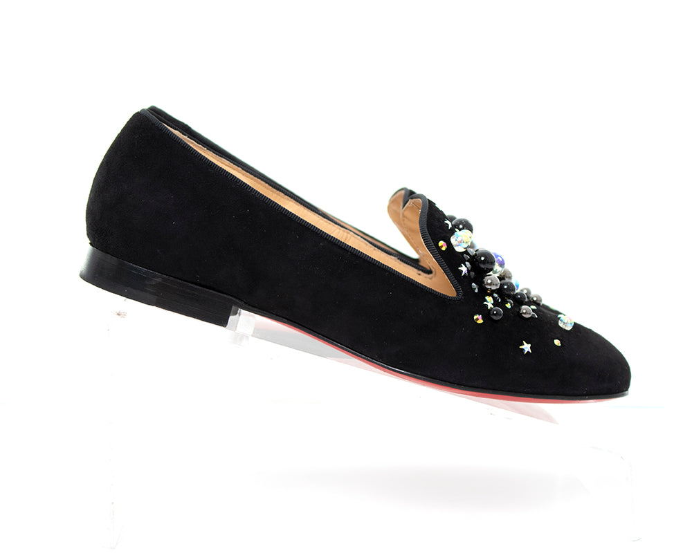 Modern CHRISTIAN LOUBOUTIN Designer Beaded Studded Black Suede Red Bottoms Loafers size European 35.5 US 5.5 Birthday Life Vintage