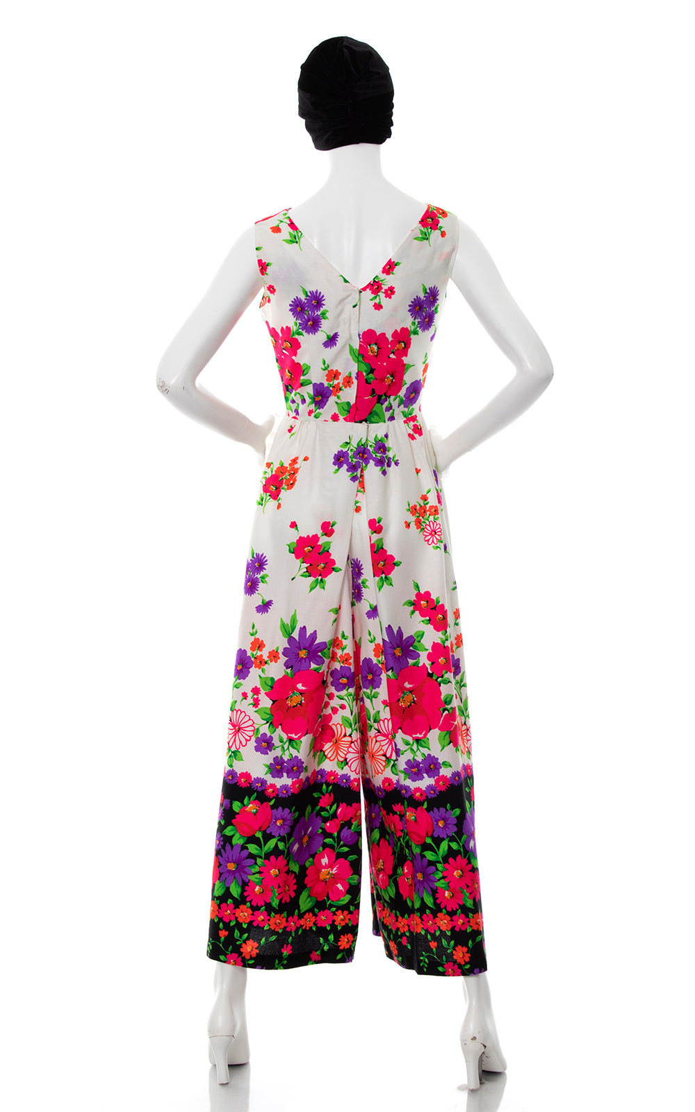 1970s Floral Border Print Barkcloth Palazzo Jumpsuit | small