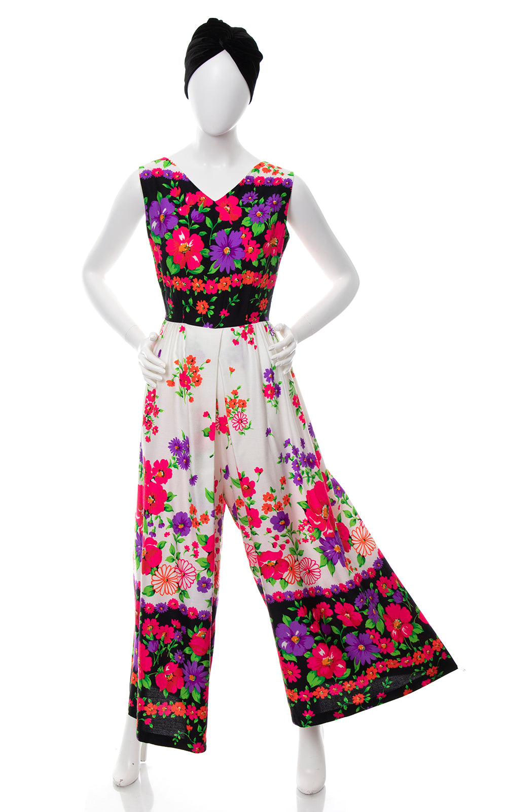 1970s Floral Border Print Barkcloth Palazzo Jumpsuit | small