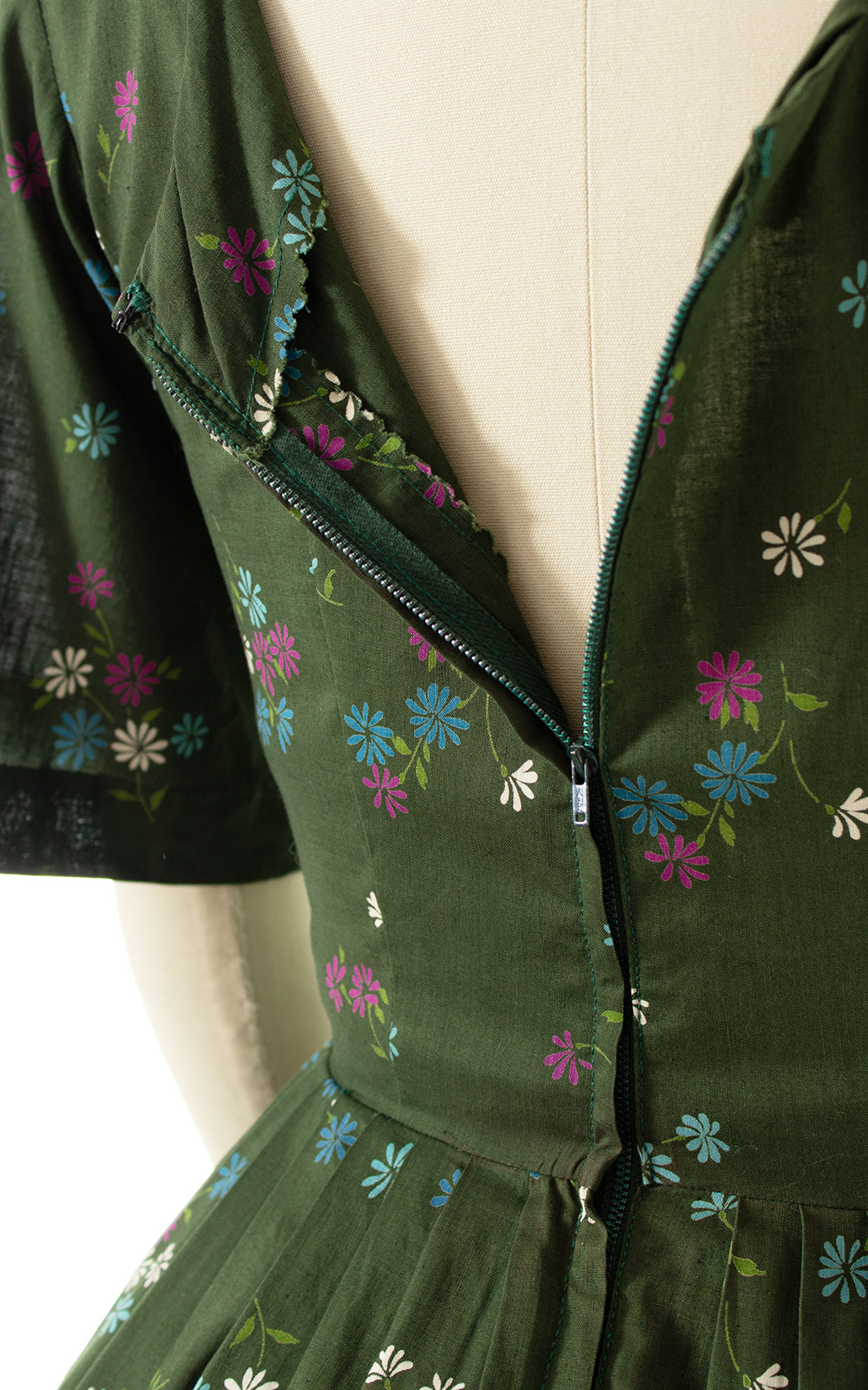 1950s Forest Green Floral Dress | small
