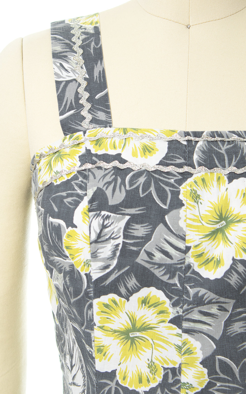 1950s Hawaiian Hibiscus Silver Ric Rac Cotton Sundress