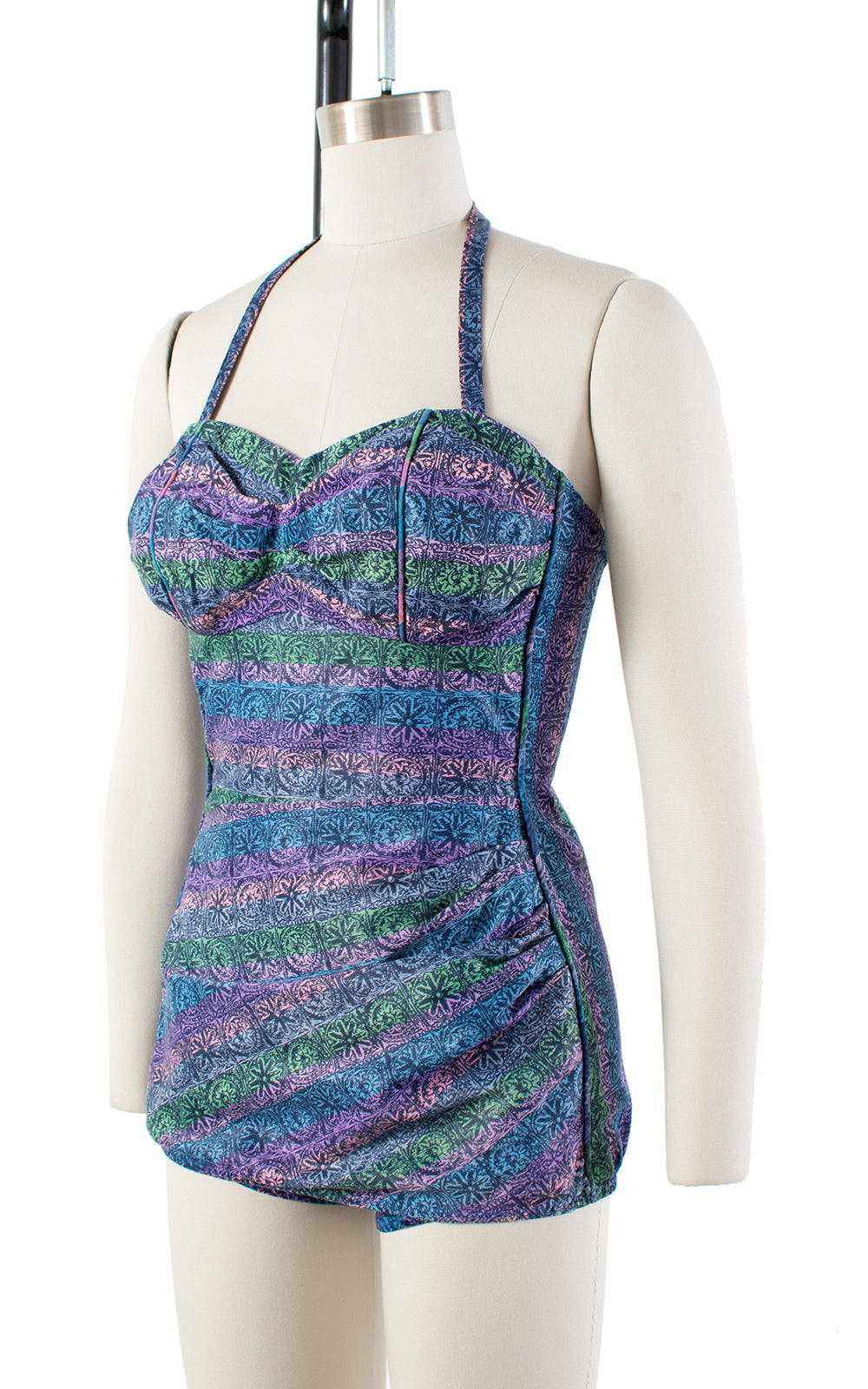 1950s Striped Floral Halter Draped Swimsuit | small/medium