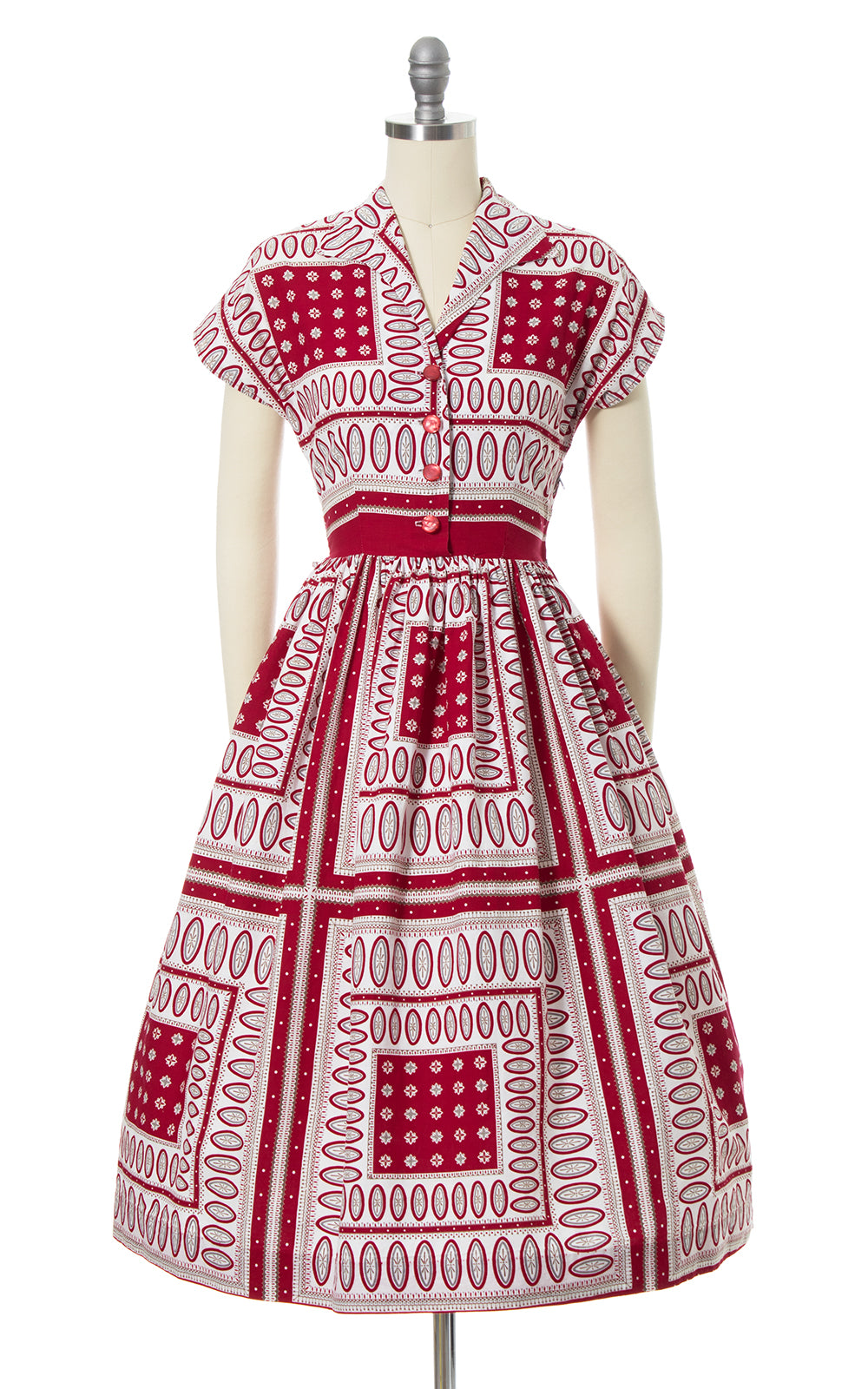 1950s Geometric Printed Cotton Shirt Dress