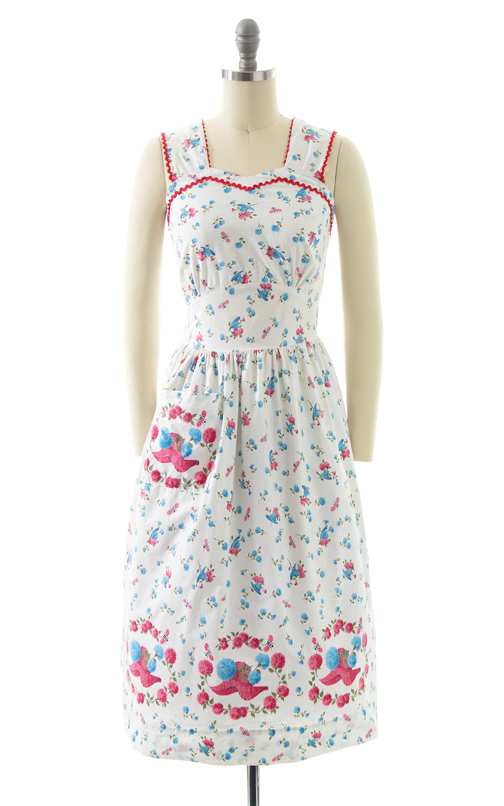 1940s Hat Bee Floral Novelty Border Print Cotton Sundress