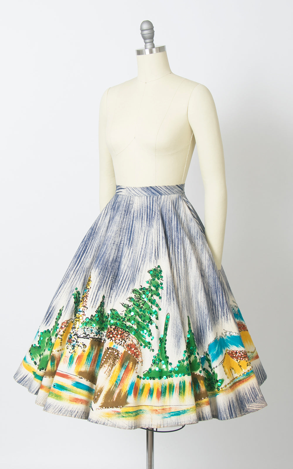 1950s Mexican Hand-Painted Novelty Print Sequin Circle Skirt | x-small