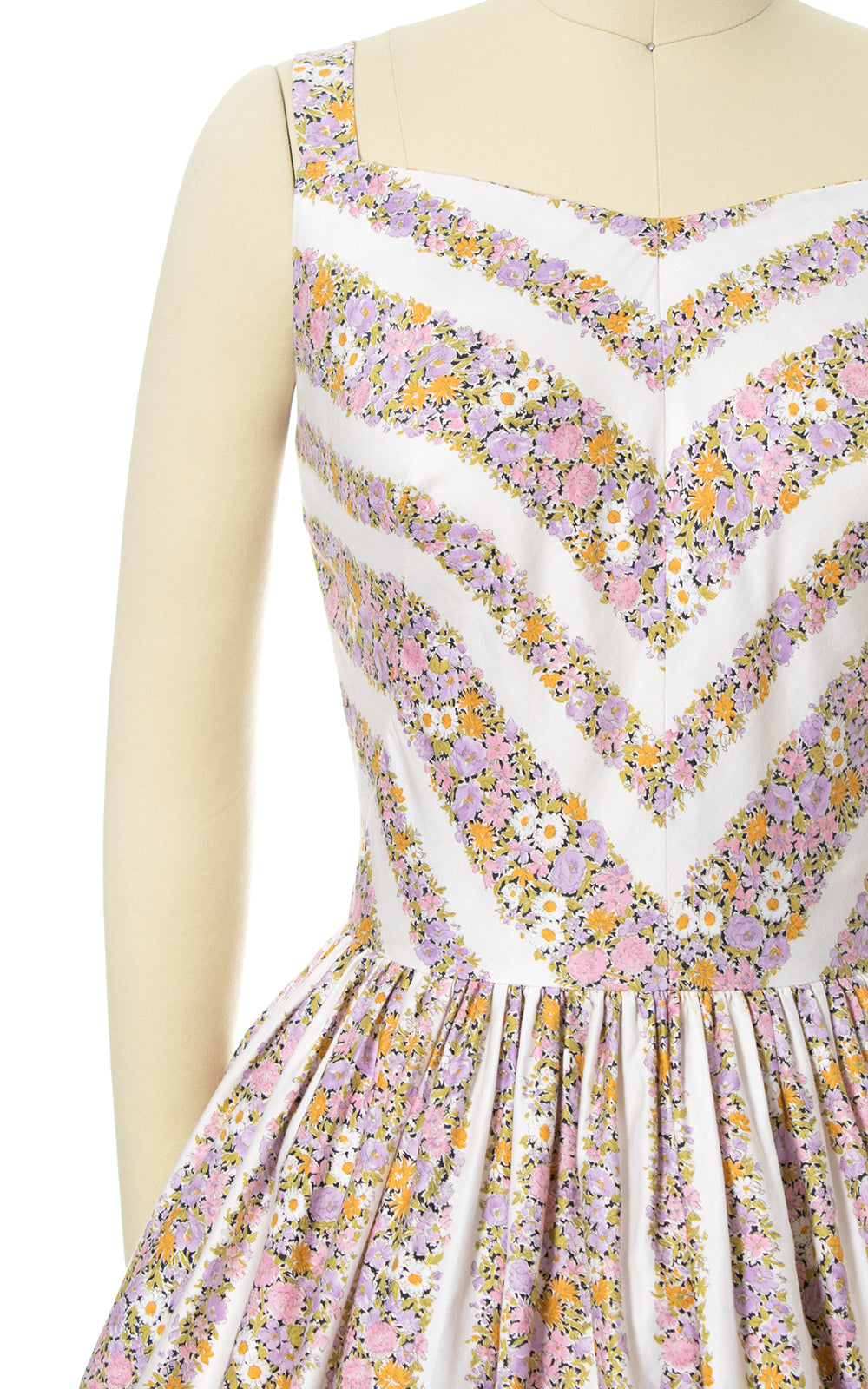 1950s Floral Chevron Striped Cotton Sundress