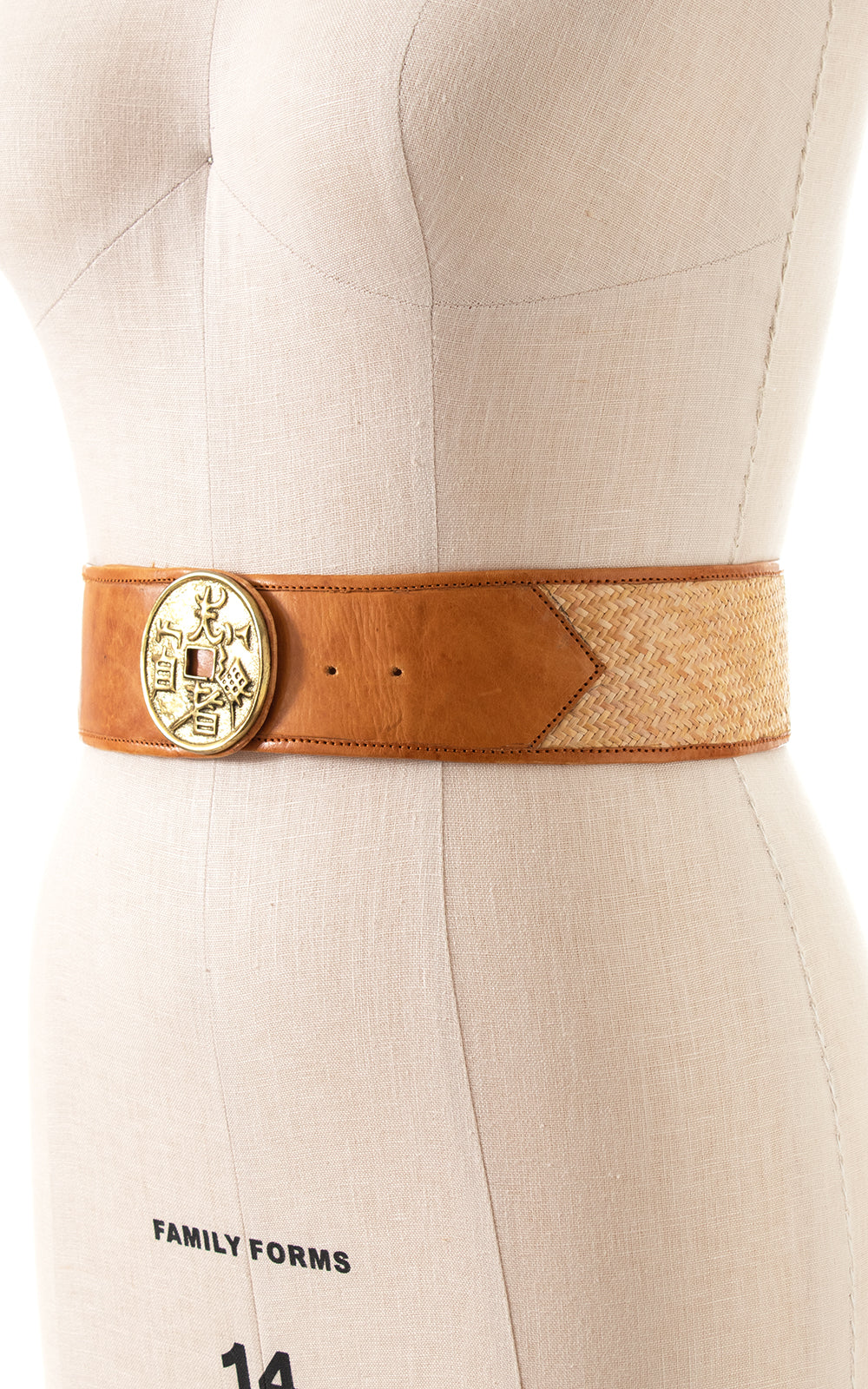 1970s Brass Chinese Medallion, Leather + Wicker Cinch Belt | medium/large