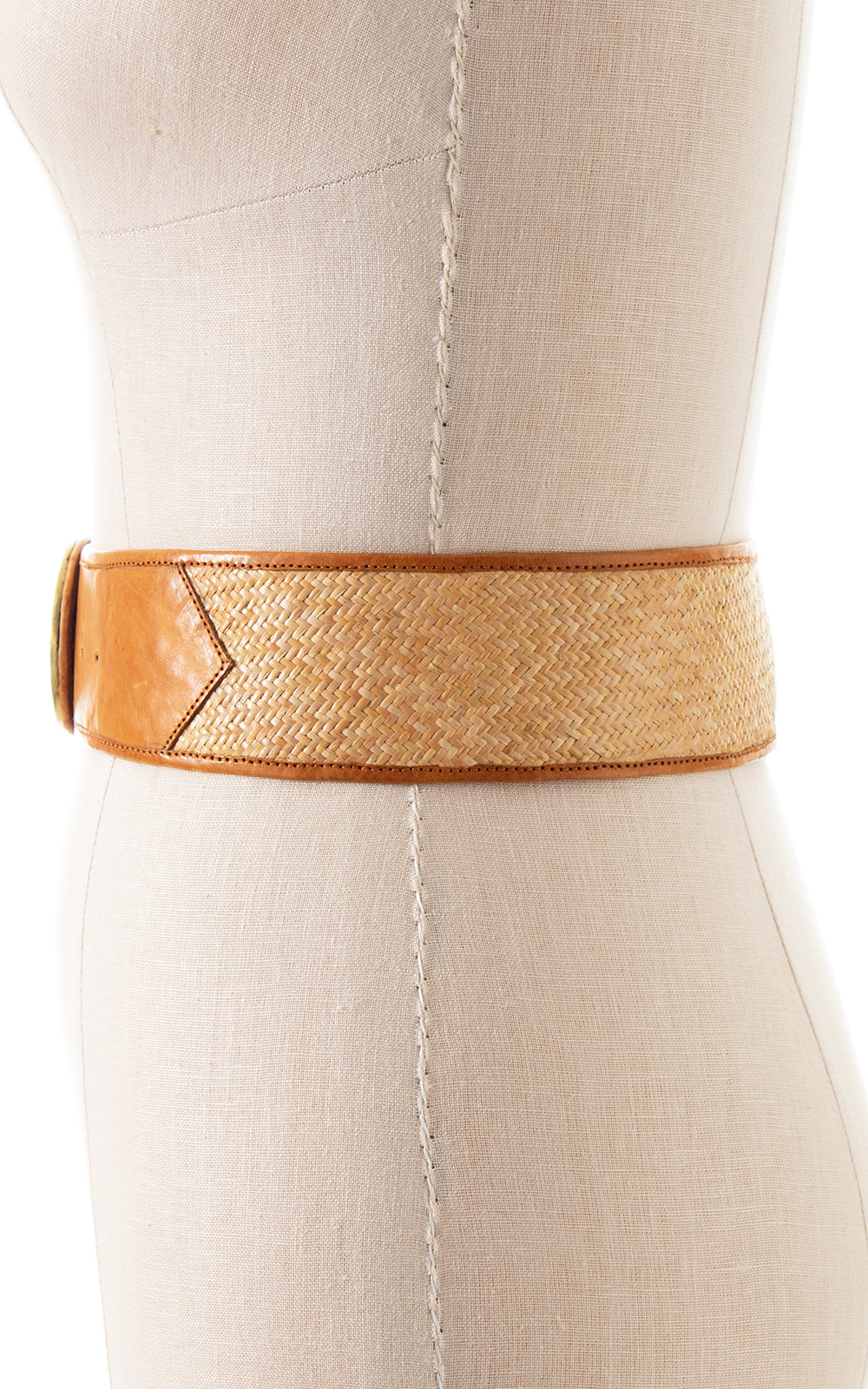 1970s Brass Chinese Medallion, Leather + Wicker Cinch Belt | medium/large