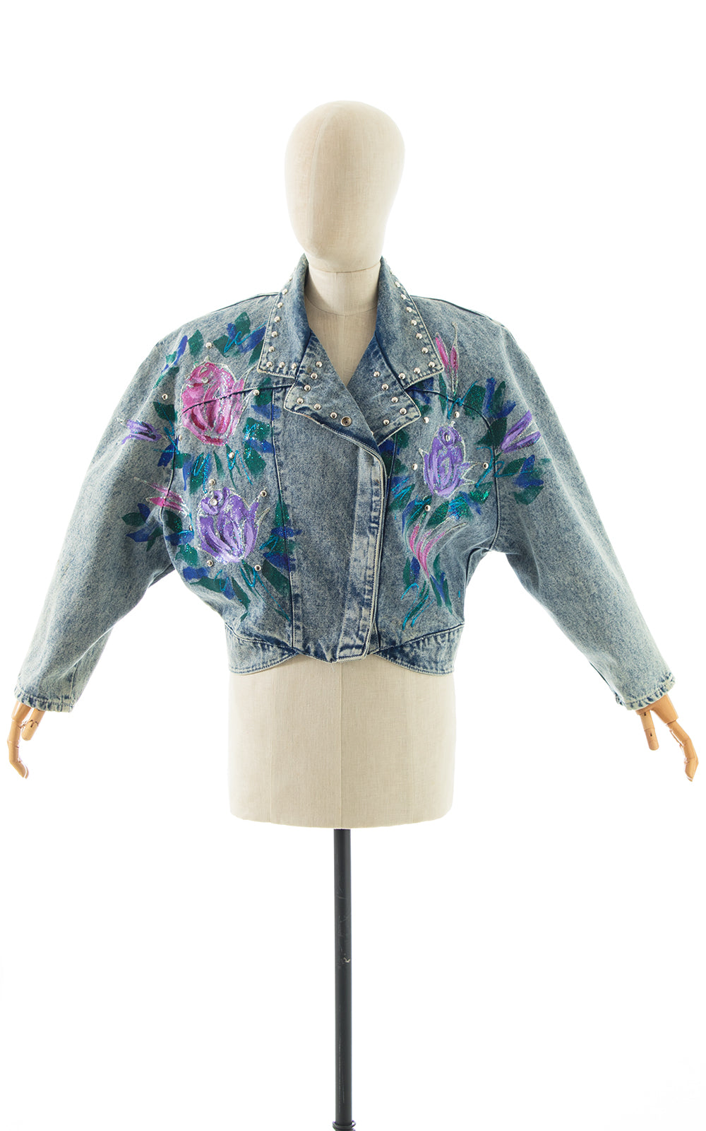 1990s Hand-Painted Glitter Roses Studded Jean Jacket BirthdayLifeVintage