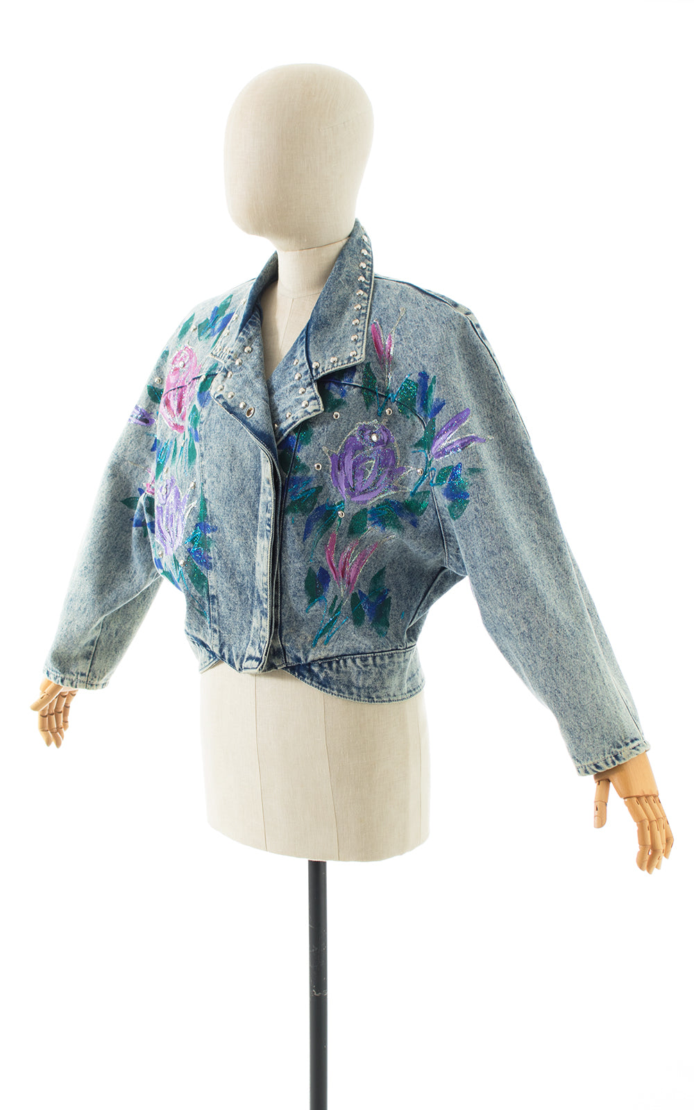 1990s Hand-Painted Glitter Roses Studded Jean Jacket BirthdayLifeVintage