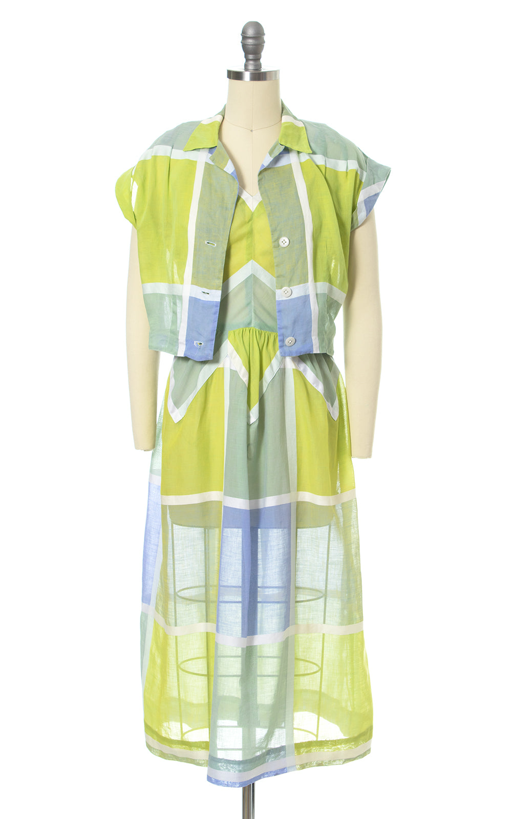 1950s Windowpane Plaid Cotton Voile Sundress & Bolero Set