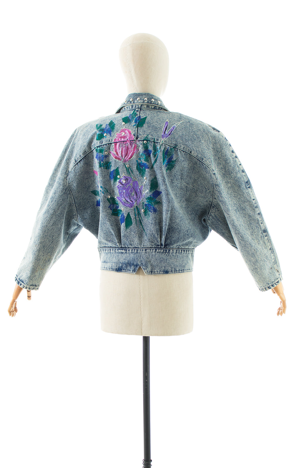 1990s Hand-Painted Glitter Roses Studded Jean Jacket BirthdayLifeVintage