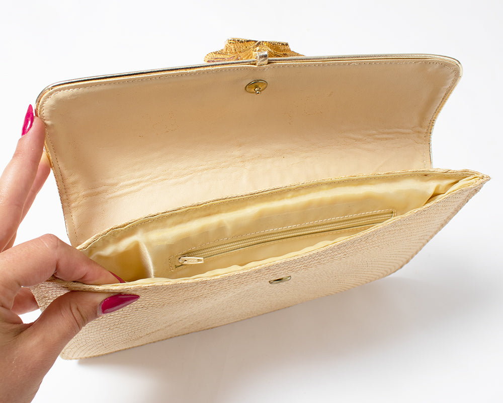 1970s 1980s Gilded Seashell & Wicker Clutch