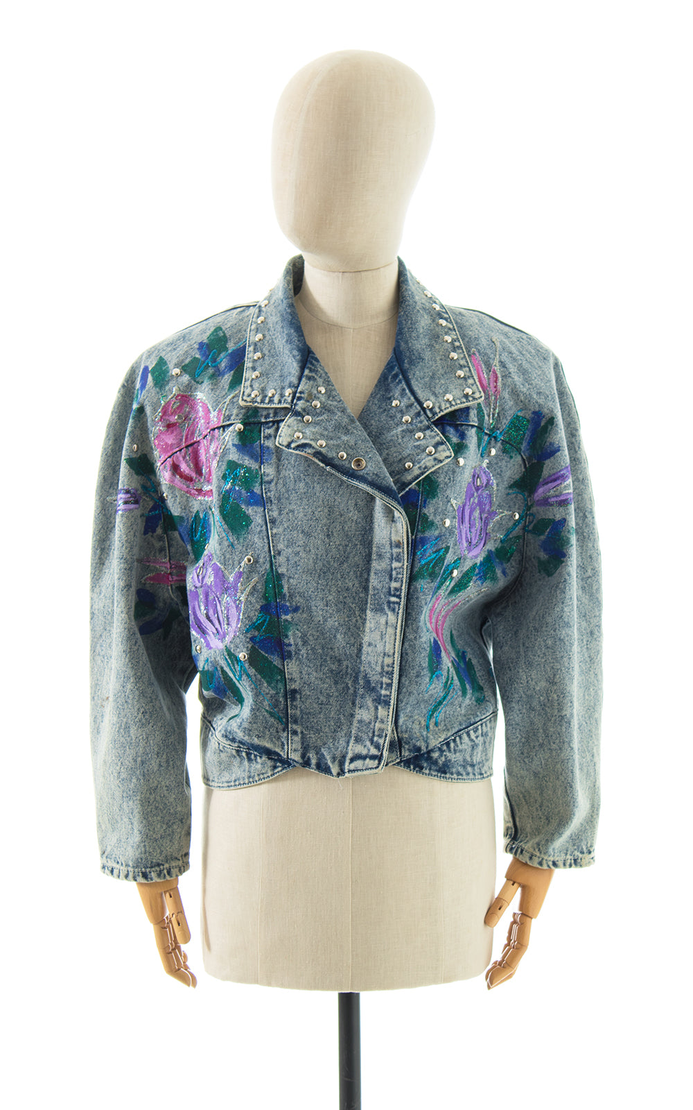 1990s Hand-Painted Glitter Roses Studded Jean Jacket BirthdayLifeVintage