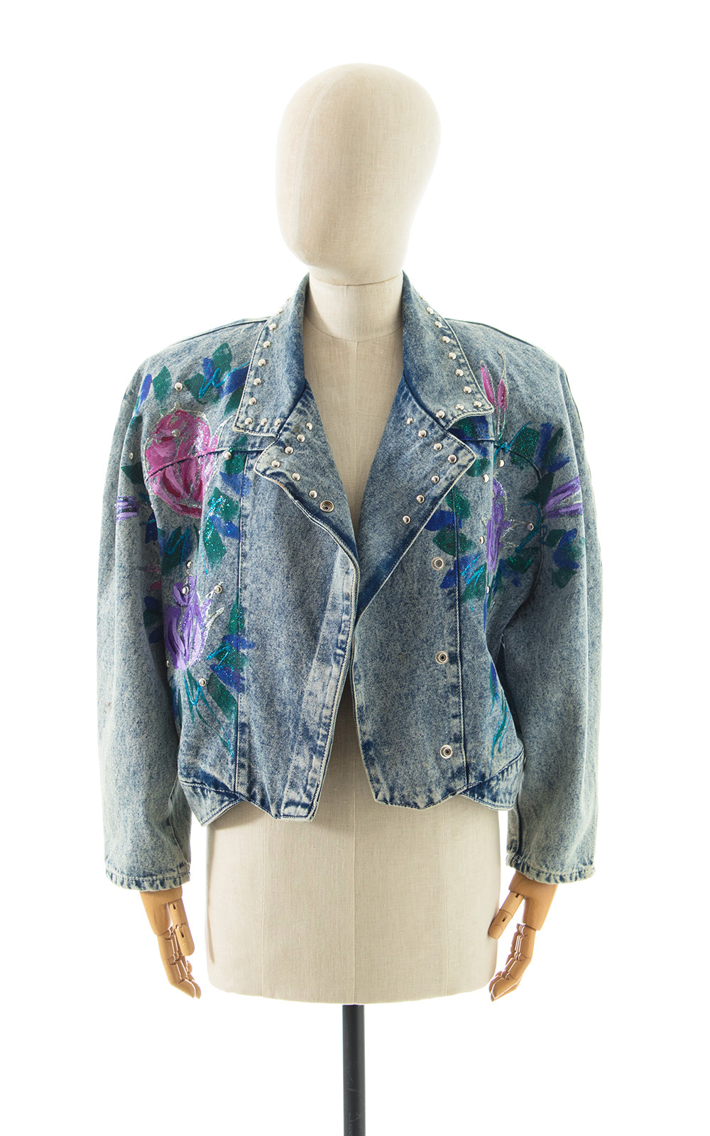 1990s Hand-Painted Glitter Roses Studded Jean Jacket BirthdayLifeVintage