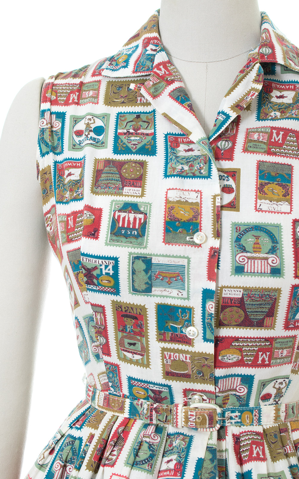 1950s Stamps Novelty Print Cotton Shirt Dress