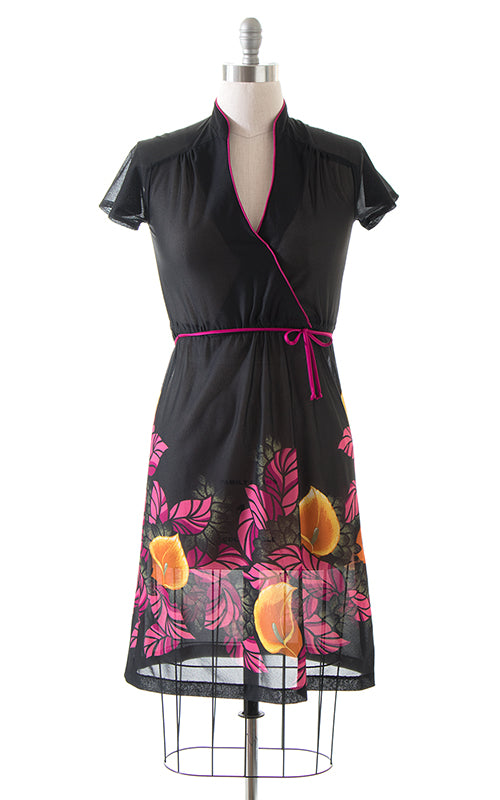 1980s Deer Floral Border Print Sheer Dress