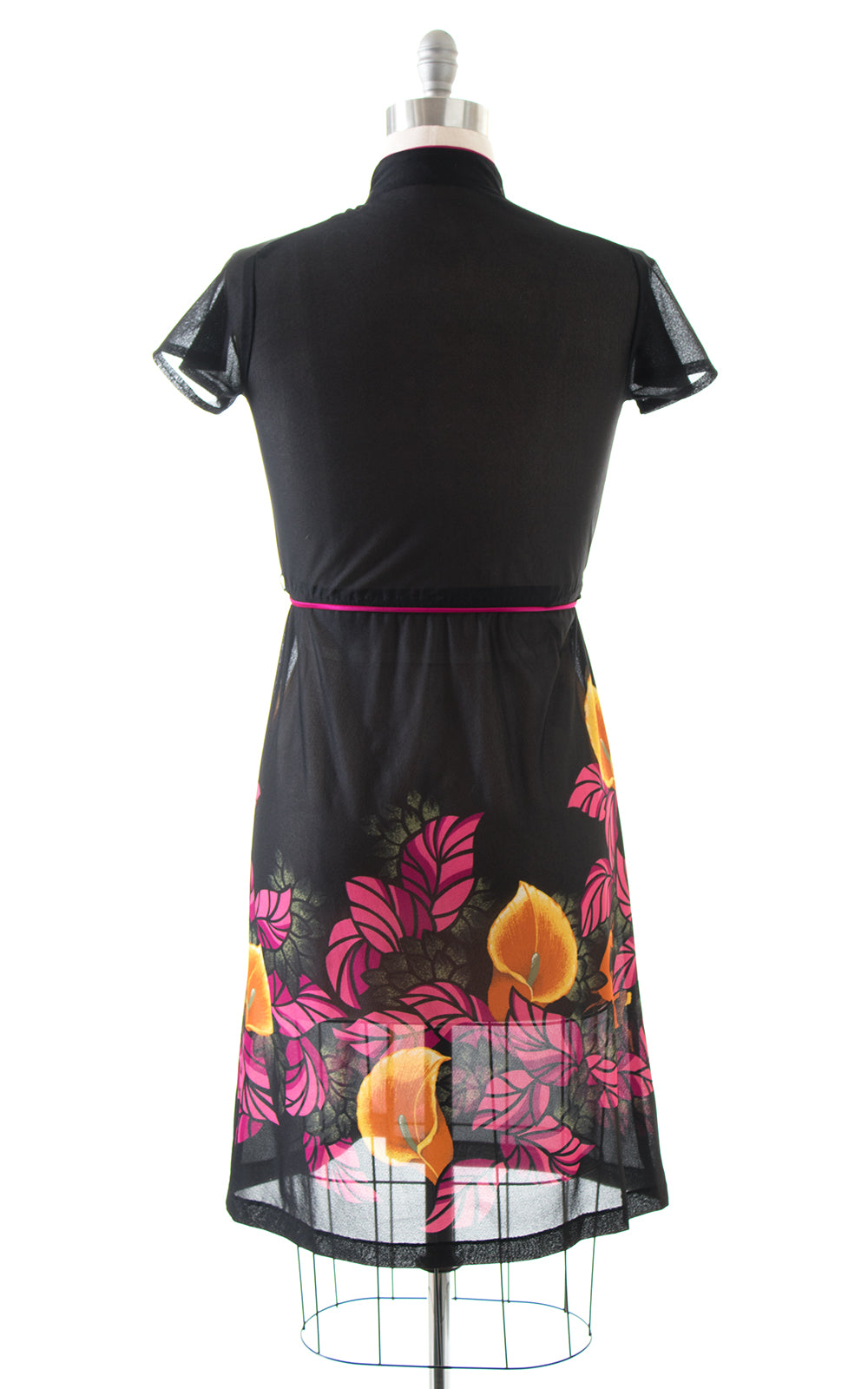 1980s Deer Floral Border Print Sheer Dress