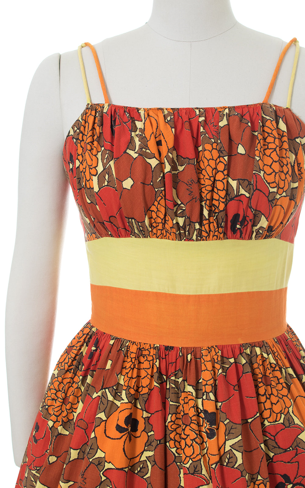 1950s Pansy Floral Color Block Orange Cotton Sundress