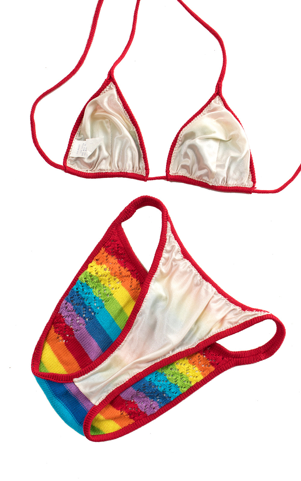 1980s Rainbow Crochet Knit Triangle Halter High Cut Bikini
