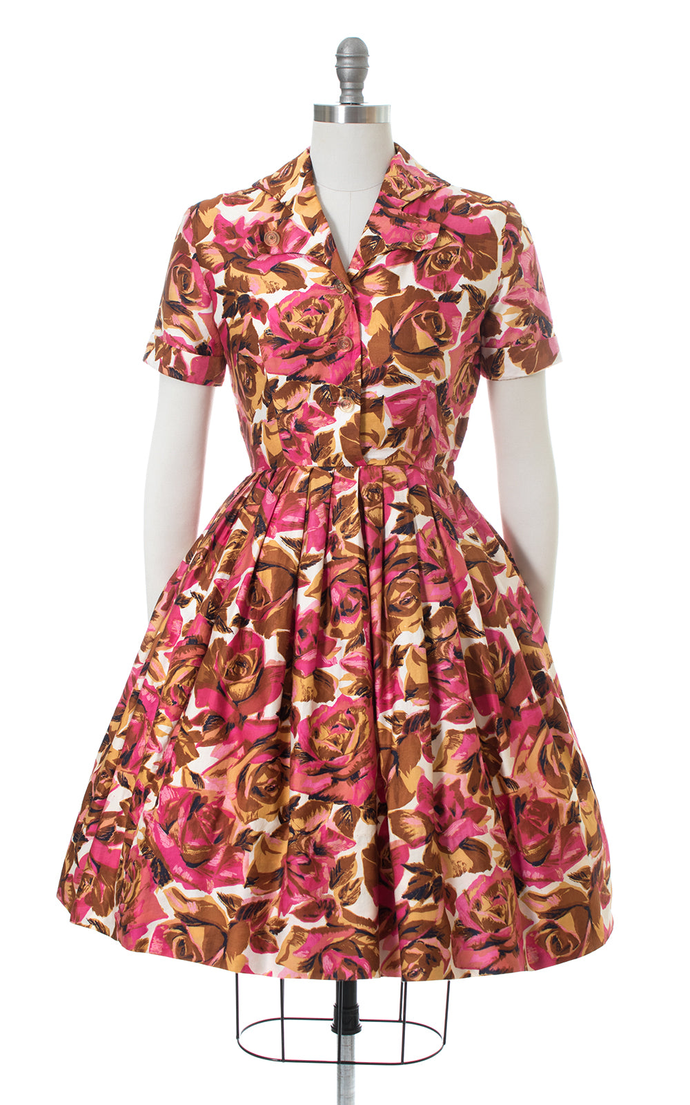 1950s Rose Print Cotton Shirtwaist Dress