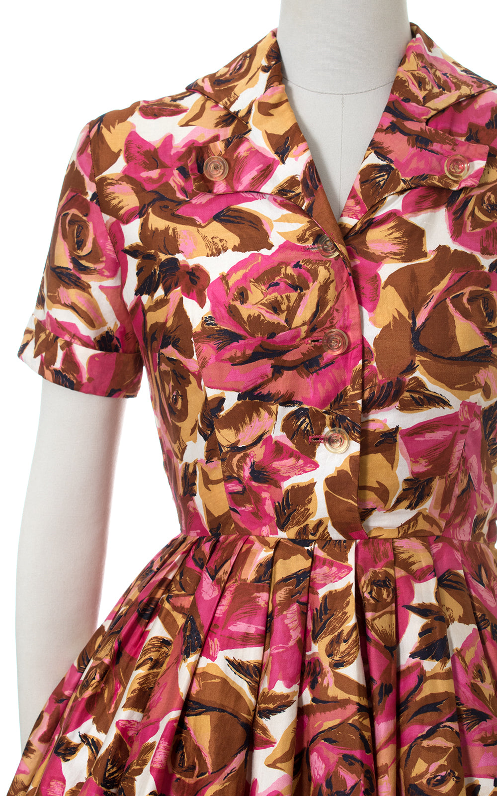 1950s Rose Print Cotton Shirtwaist Dress