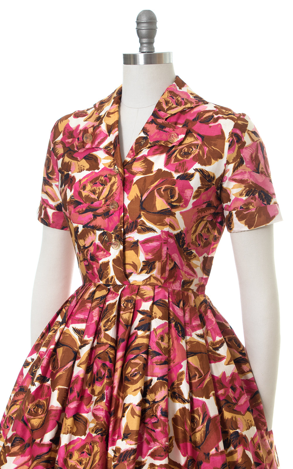 1950s Rose Print Cotton Shirtwaist Dress