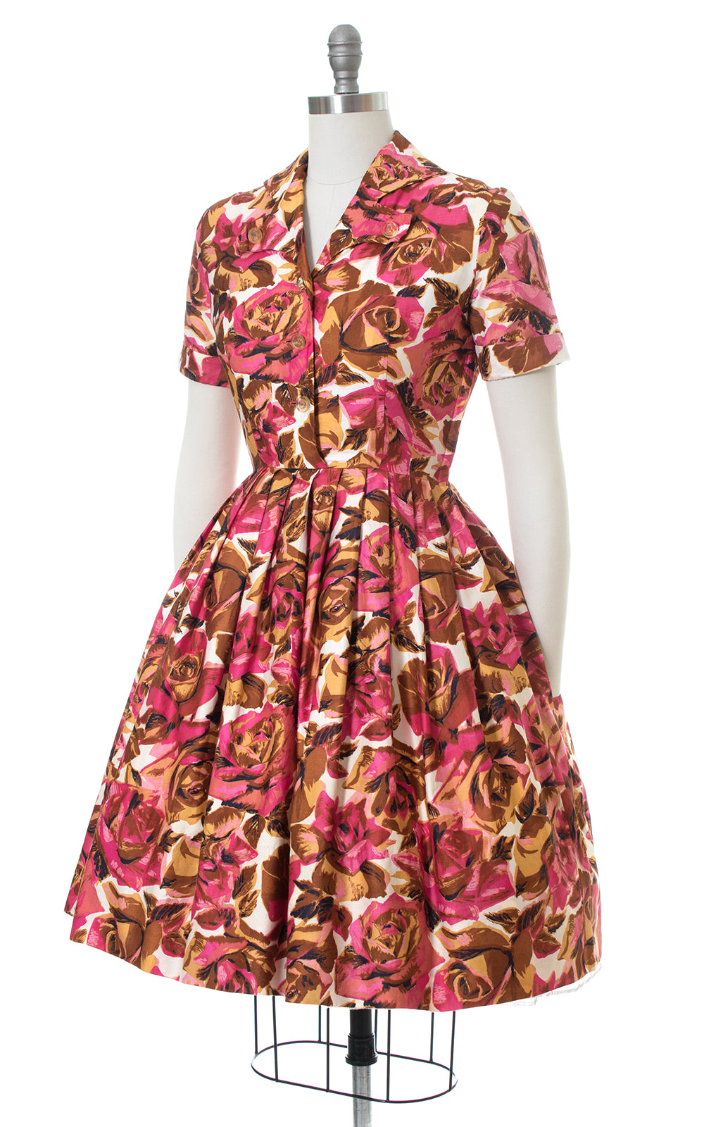 1950s Rose Print Cotton Shirtwaist Dress