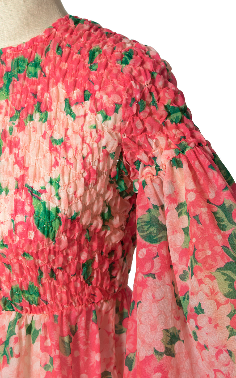 1960s Hydrangea Floral Chiffon Balloon Sleeve Maxi Gown