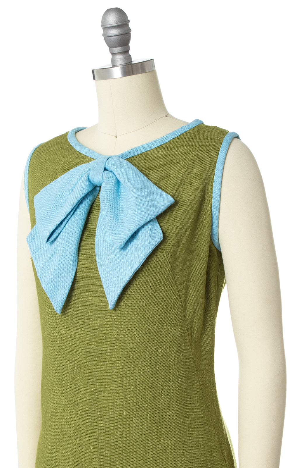 1960s Big Bow Green Linen Shift Sundress