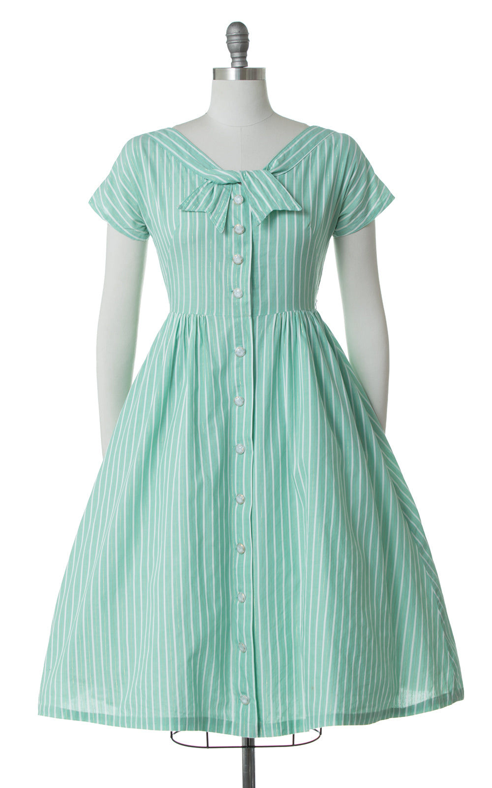 1960s Gold Striped Mint Shirtwaist Dress | small Birthday Life Vintage 1960s Gold Striped Mint Shirtwaist Dress | small Birthday Life Vintage