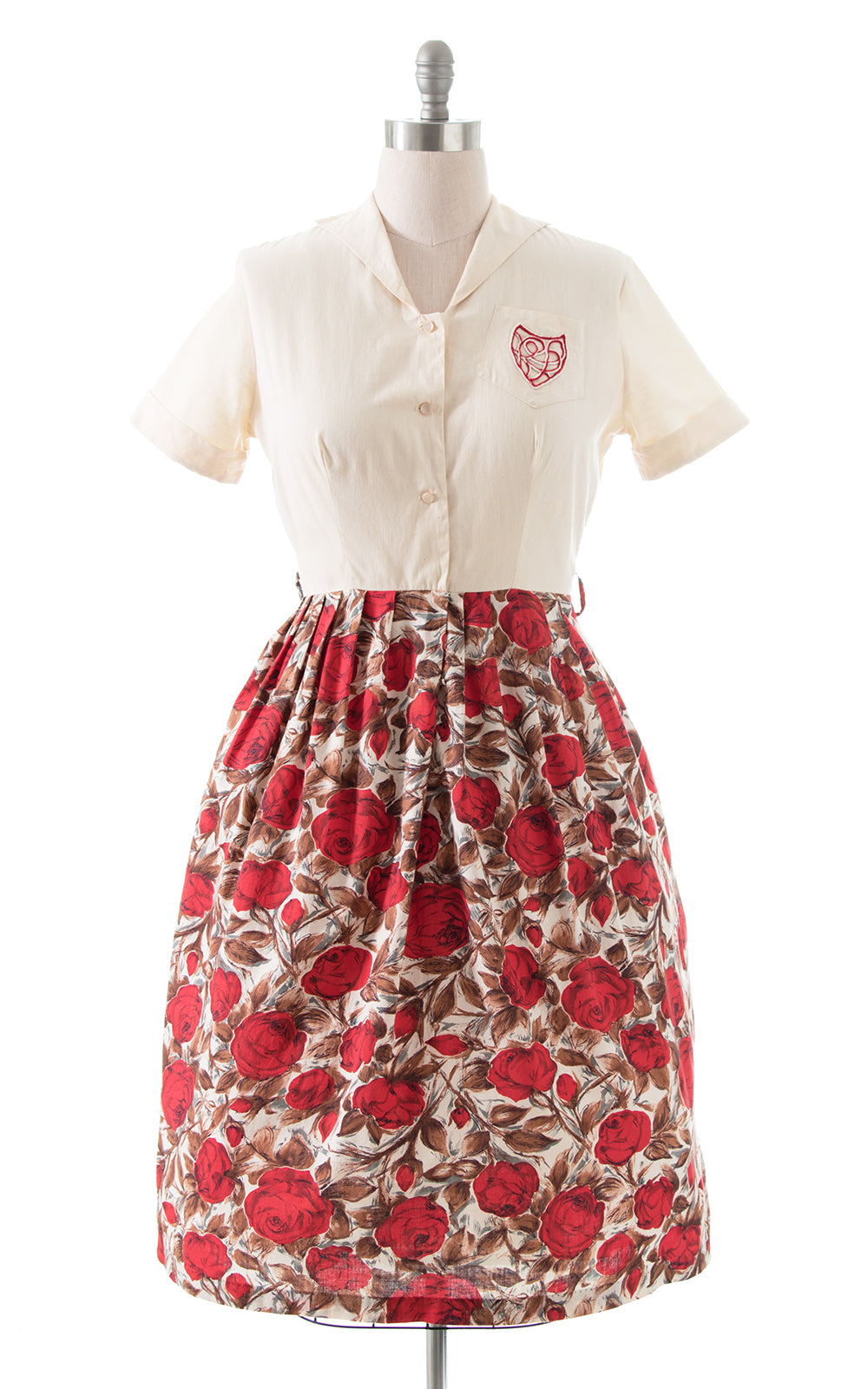 1950s Rose Print Cotton Shirtwaist Dress