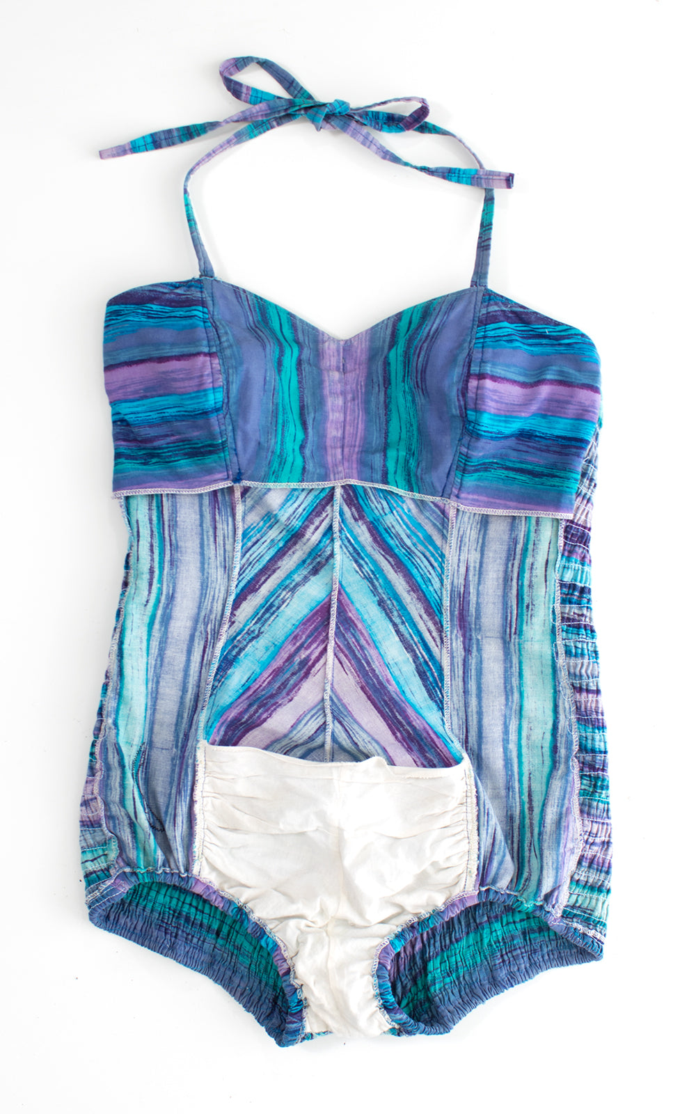 1950s Chevron Striped Smocked Blue Purple Swimsuit