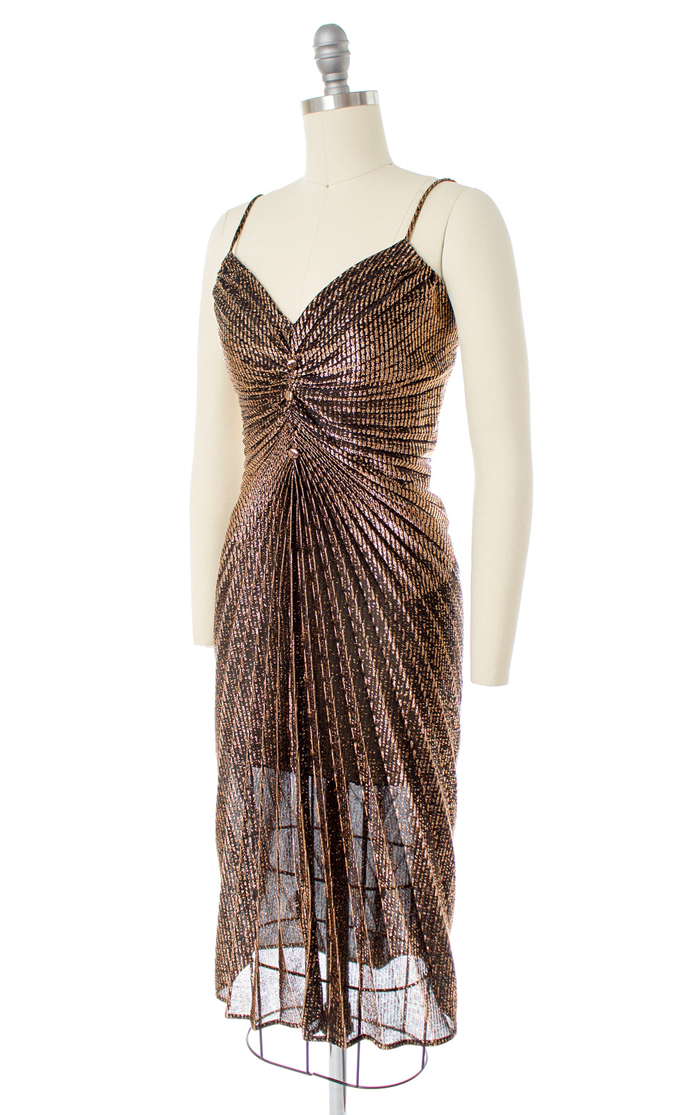 1950s Style Travilla Inspired Gold Accordion Pleated Party Dress
