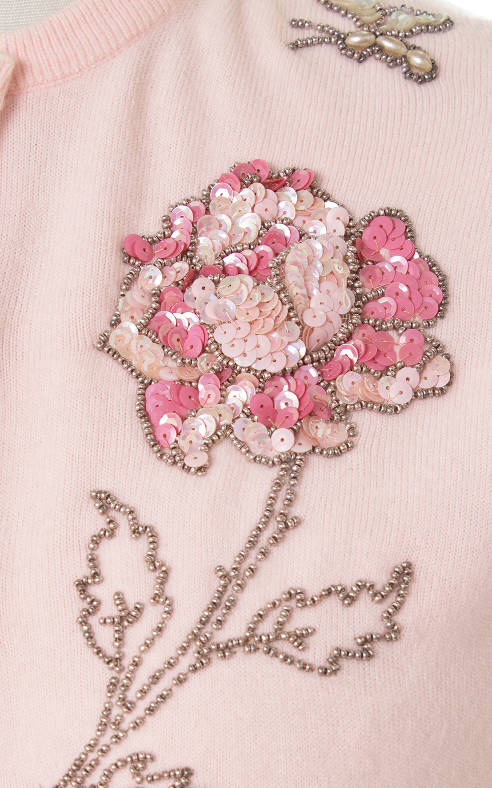 1950s Sequin Rose + Butterfly Pink Cardigan