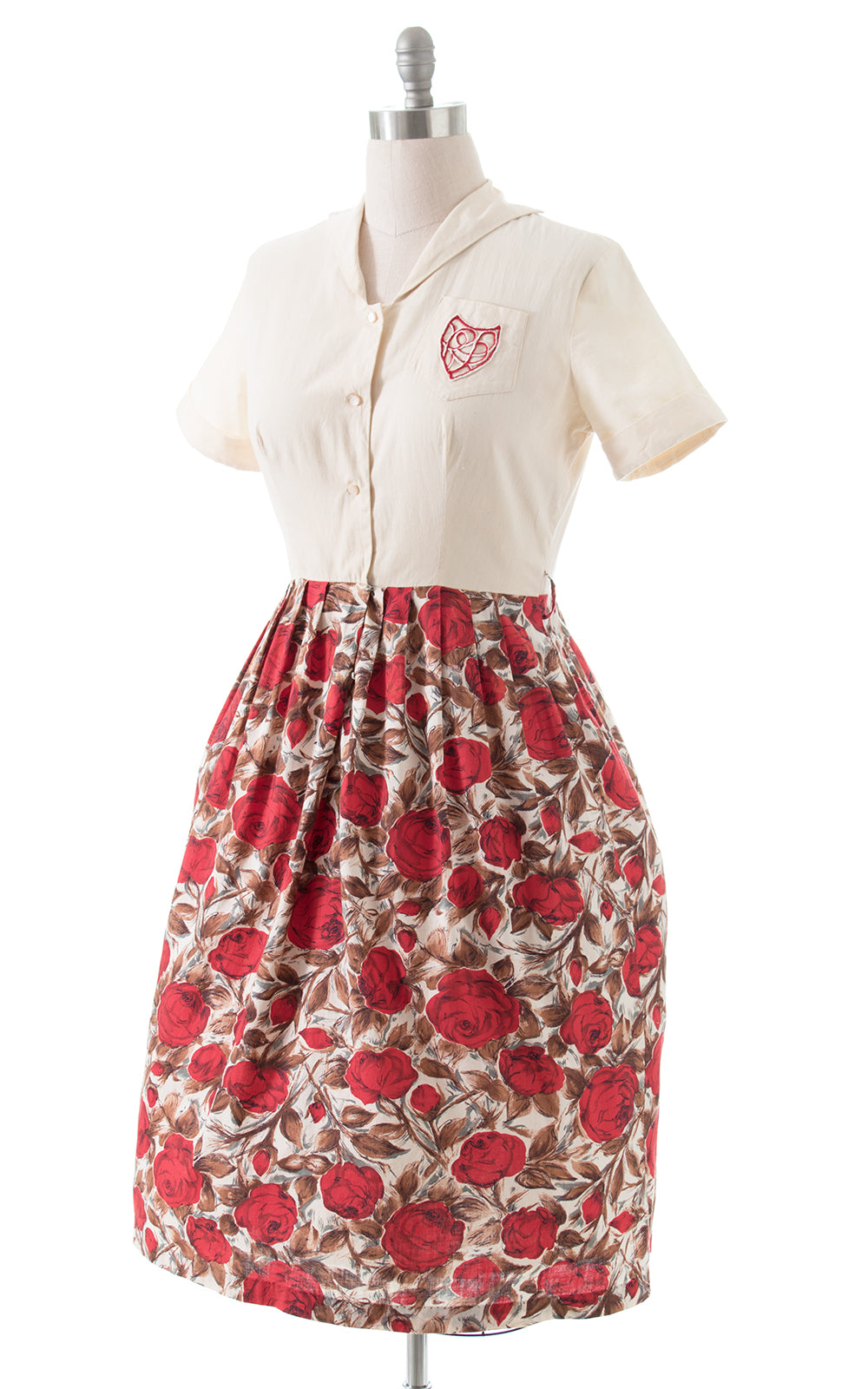 1950s Rose Print Cotton Shirtwaist Dress