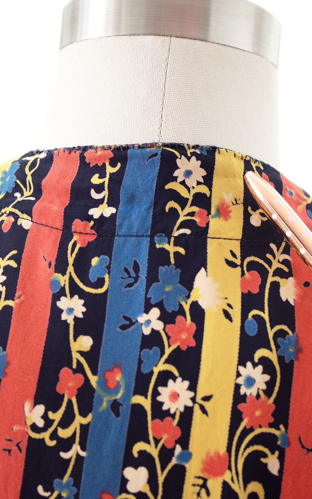 1940s Striped Floral Rayon Shirt Dress