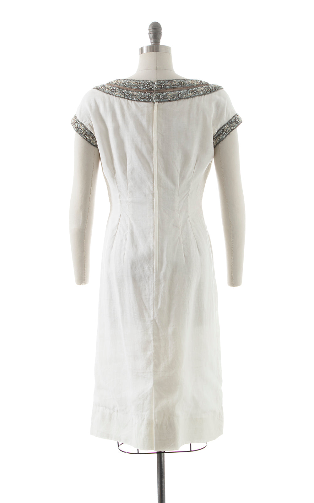 1960s Beaded Rhinestone Linen Wiggle Dress | medium