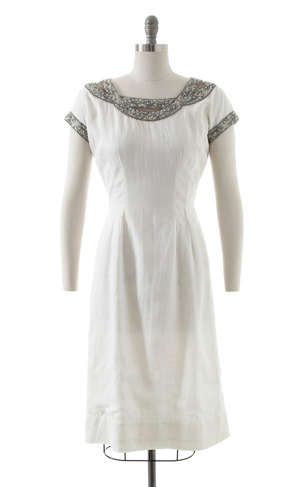 1960s Beaded Rhinestone Linen Wiggle Dress | medium 1960s Beaded Rhinestone Linen Wiggle Dress | medium