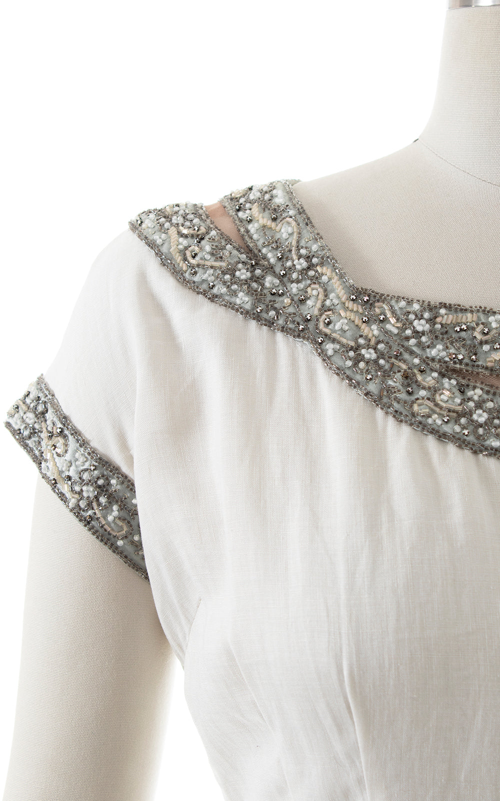 1960s Beaded Rhinestone Linen Wiggle Dress | medium