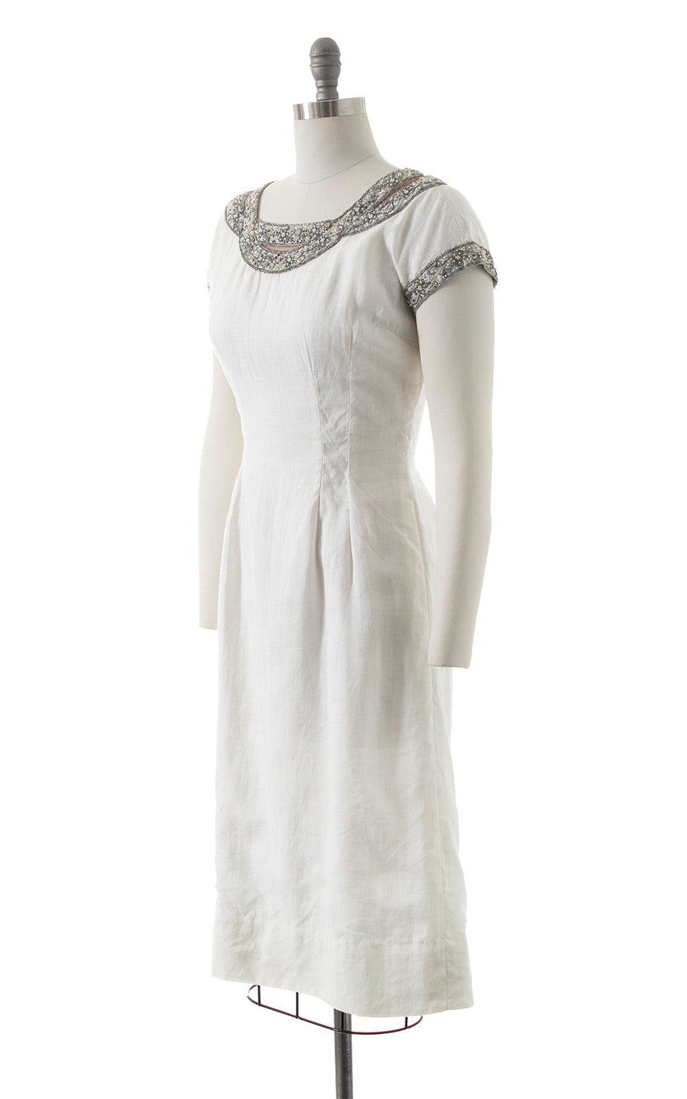 1960s Beaded Rhinestone Linen Wiggle Dress | medium