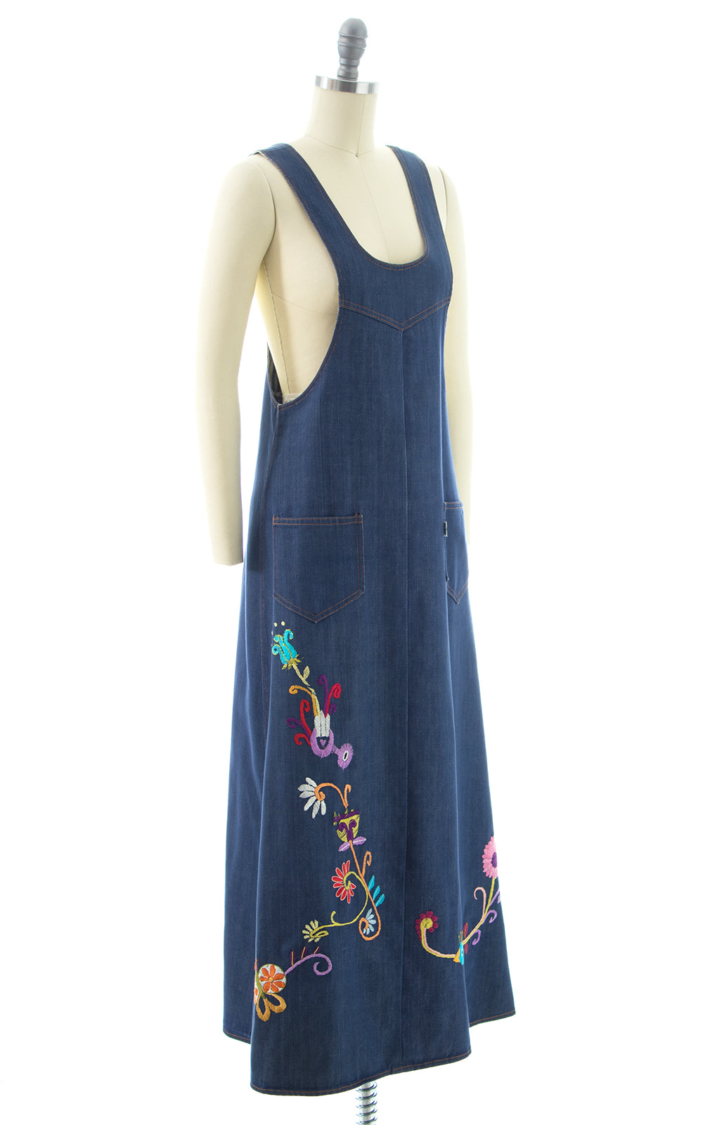 1970s Levi's Embroidered Denim Overalls Dress