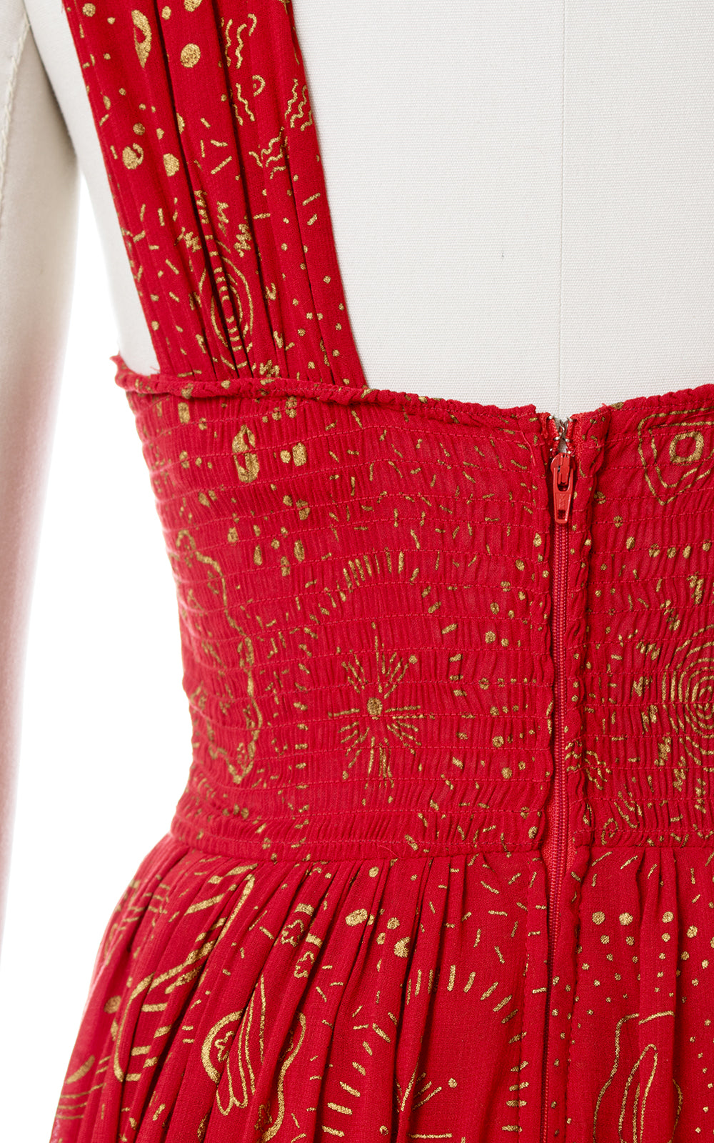 1980s Celestial Novelty Print Red Smocked Sundress
