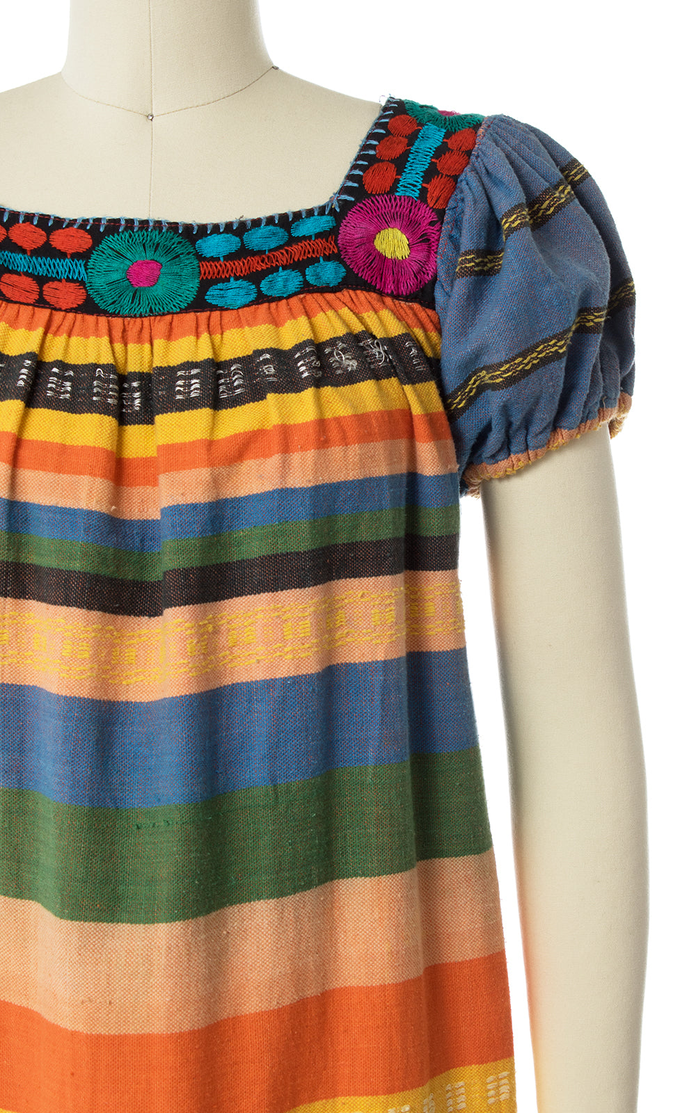 1970s Embroidered Striped Maxi Dress