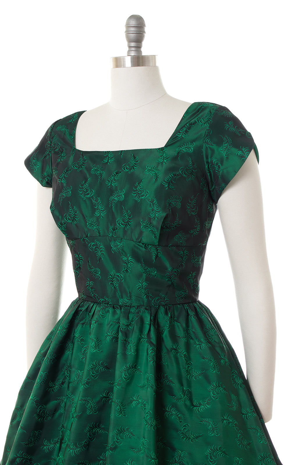 1950s Feather Novelty Satin Green Damask Party Dress