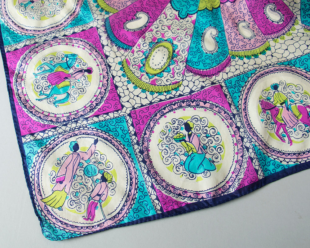 1950s Silk People & Horses Novelty Print Large Scarf