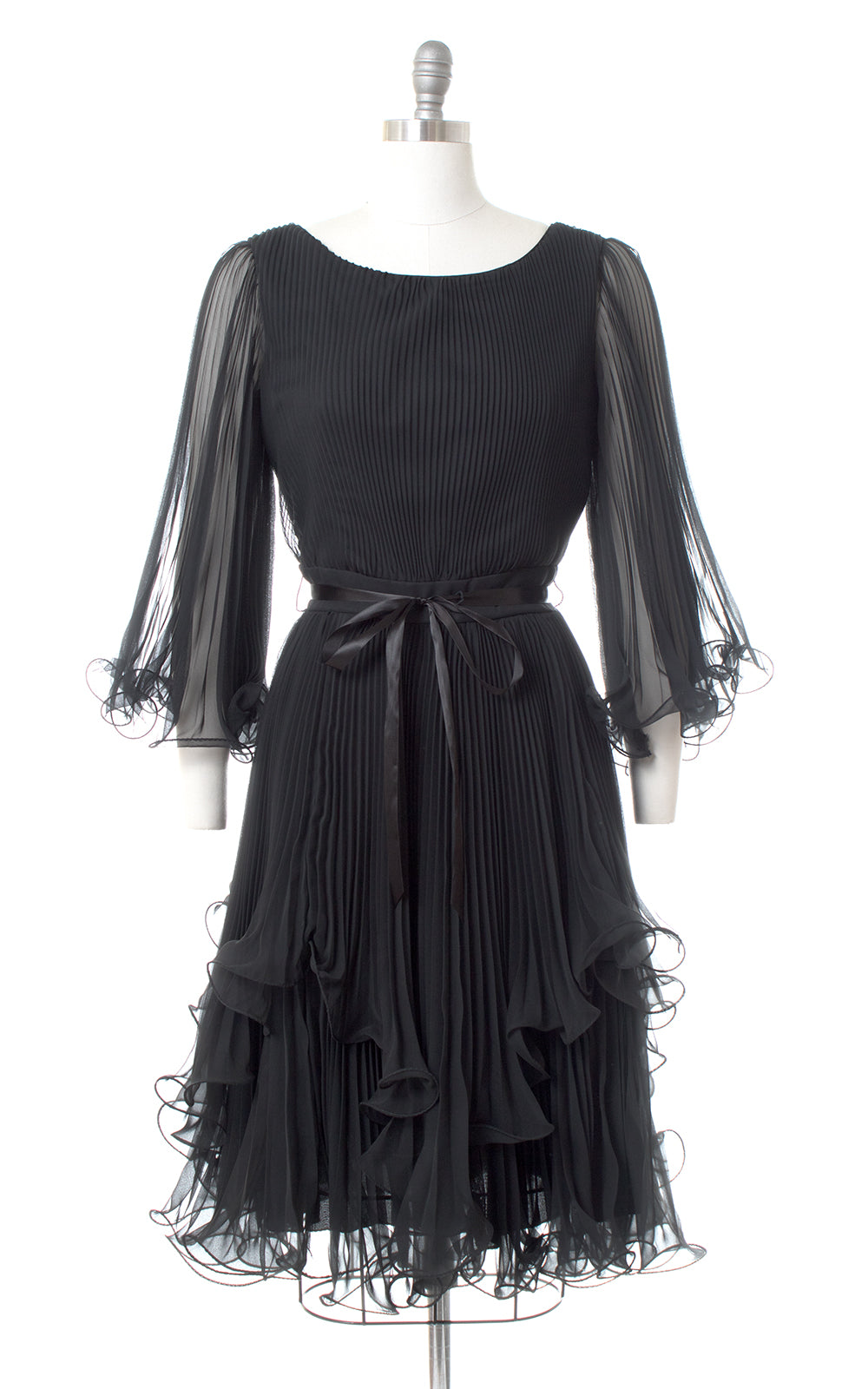 1960s Lillie Rubin Accordion Pleated Chiffon Bell Sleeve Dress | mediu Birthday Life Vintage 1960s Lillie Rubin Accordion Pleated Chiffon Bell Sleeve Dress | mediu Birthday Life Vintage