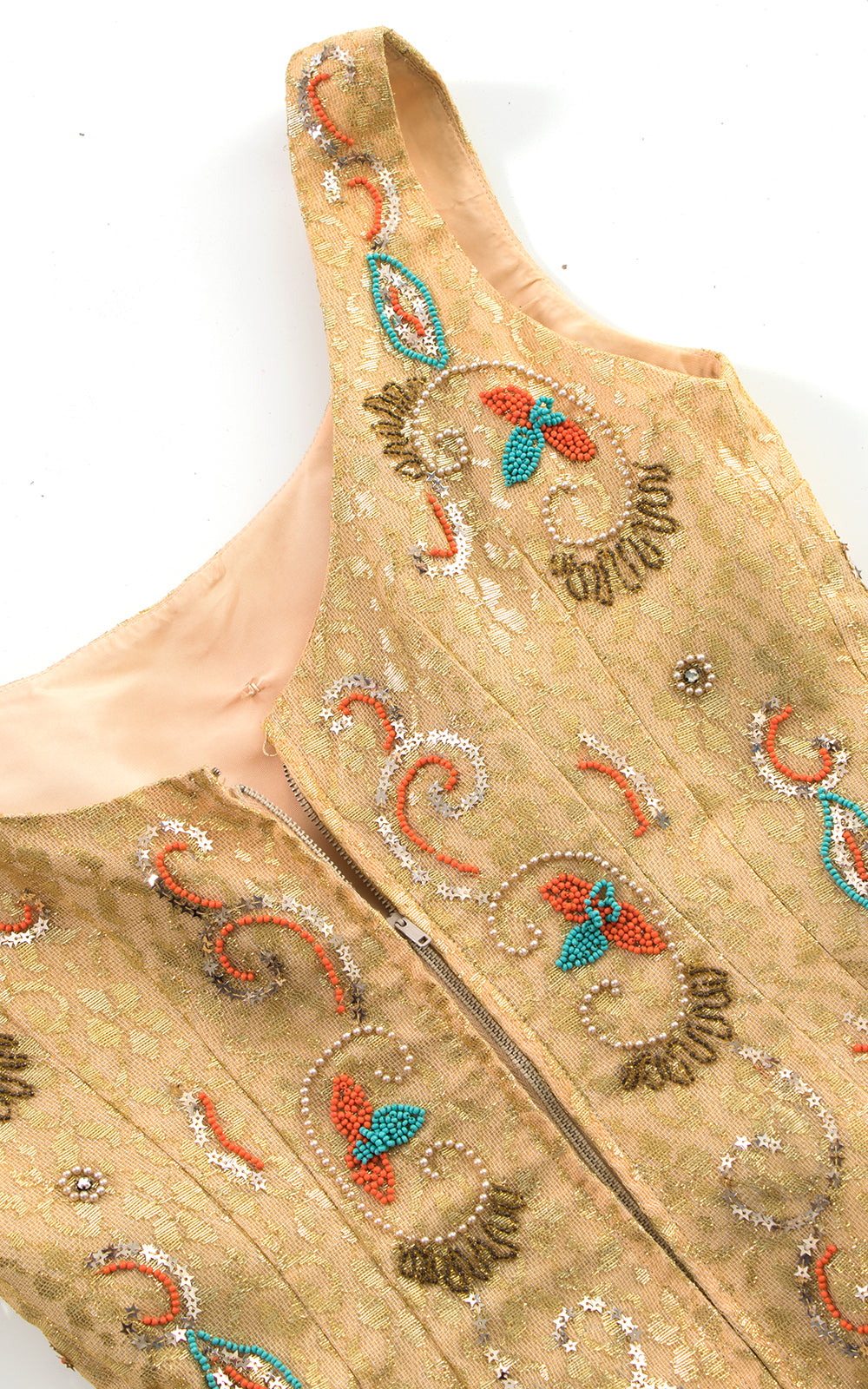 1960s Floral Beaded Sequined Gold Party Dress