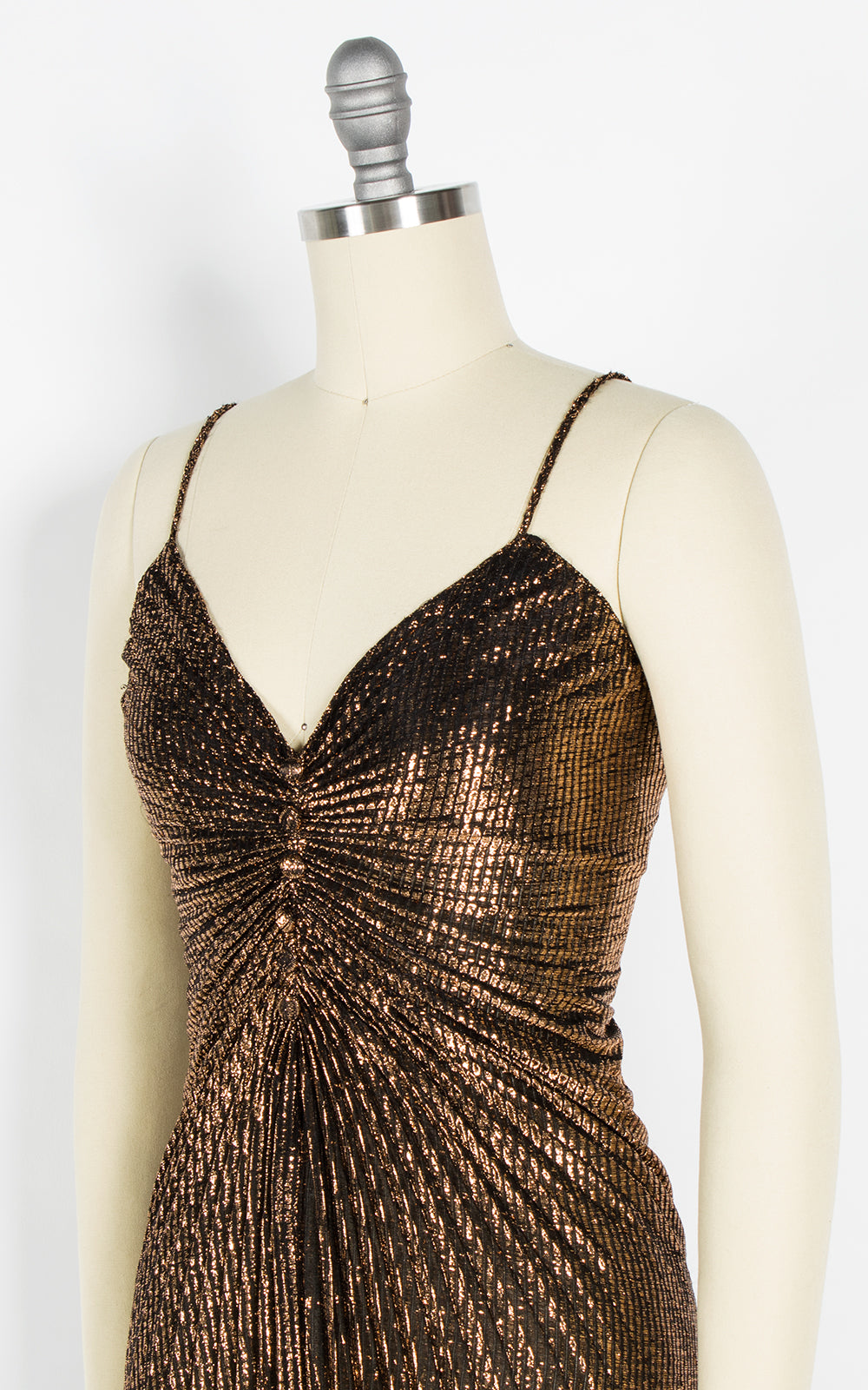 1950s Style Travilla Inspired Metallic Gold Pleated Party Dress